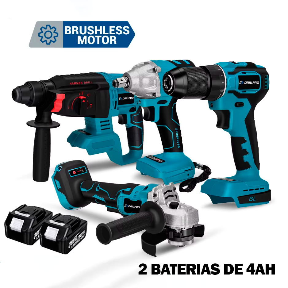 Kit de 4 Máquinas a Bateria - 2x Baterias 4Ah - Garantia de 3 Anos  na Tools Portugal - Apenas 189.90€! Compra agora na Tools Portugal